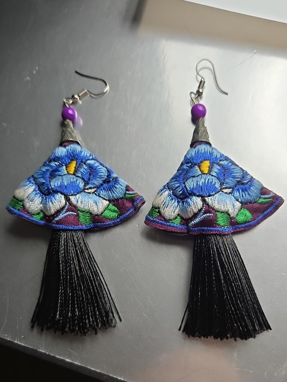 Blue Floral Embroidered Tassel Earrings with Black Fringe - Women Jewelry